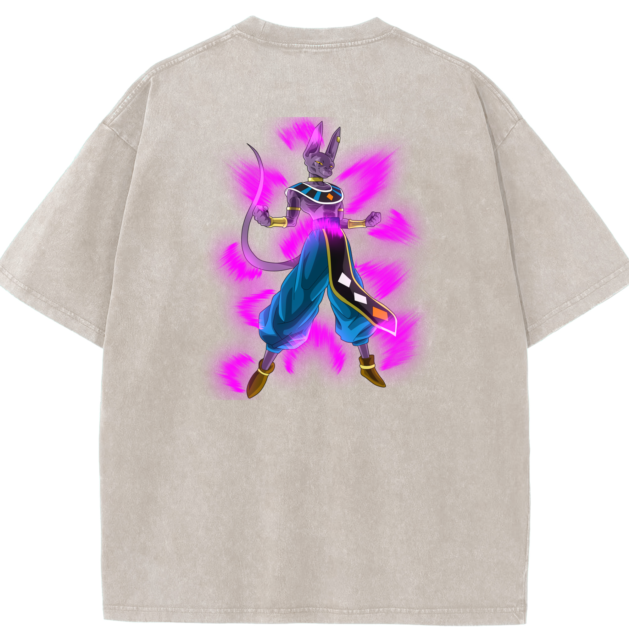 （画像用） ドラゴンボール ビルス 破壊神ビルス DRAGON BALL Beerus Birusu 綿100% ヴィンテージ風 半袖Tシャツ（背面プリント）