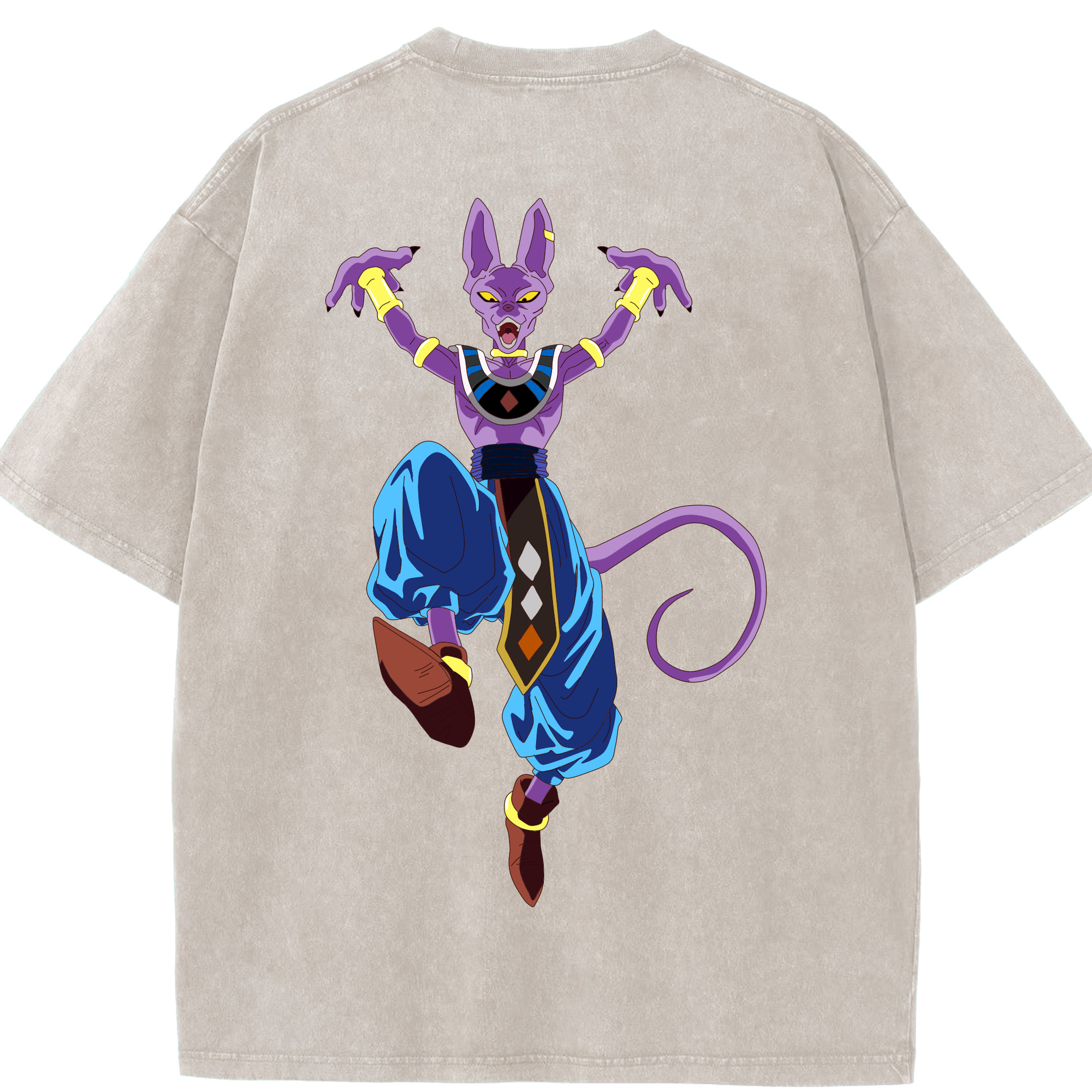 （画像用） ドラゴンボール ビルス 破壊神ビルス DRAGON BALL Beerus Birusu 綿100% ヴィンテージ風 半袖Tシャツ（背面プリント）