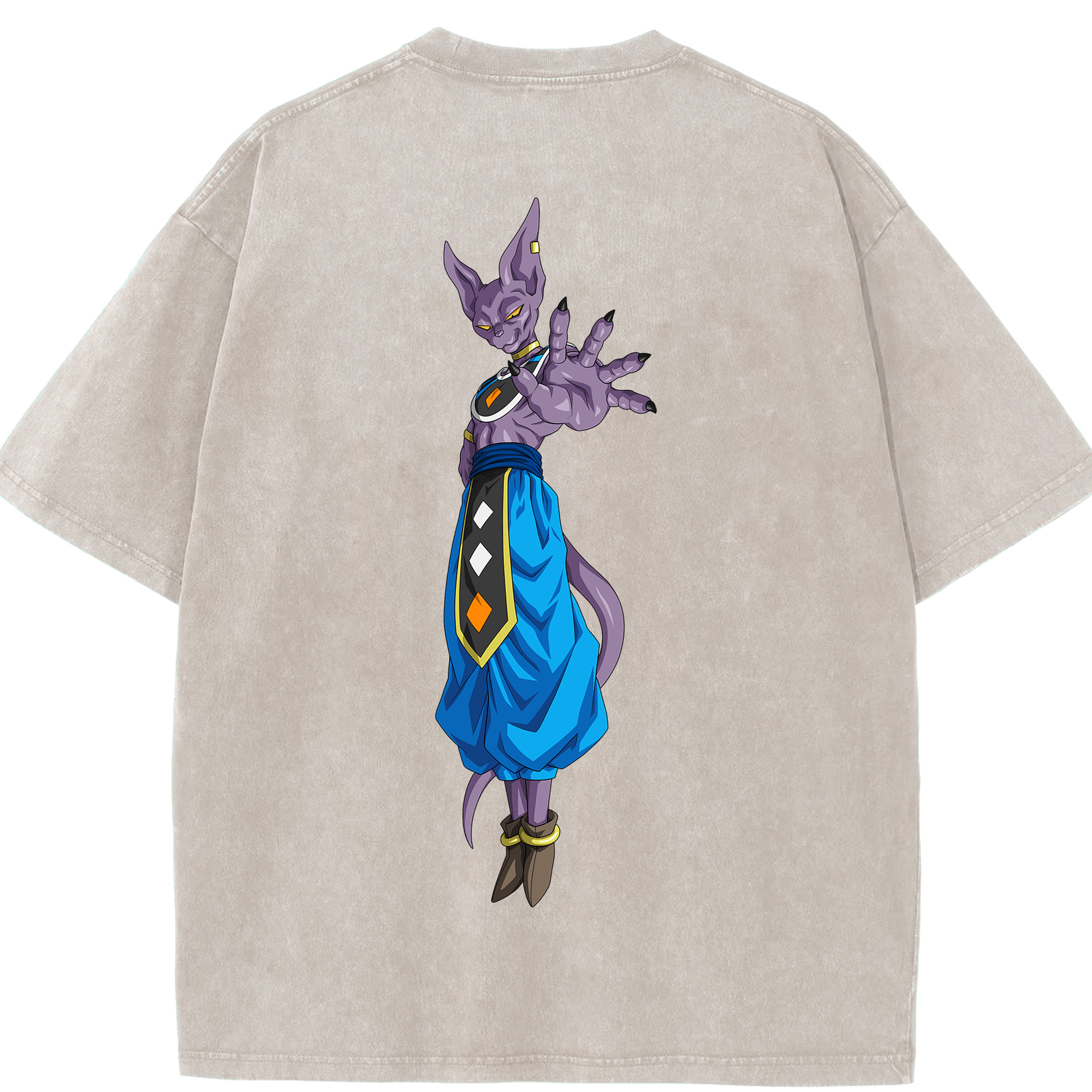 （画像用） ドラゴンボール ビルス 破壊神ビルス DRAGON BALL Beerus Birusu 綿100% ヴィンテージ風 半袖Tシャツ（背面プリント）