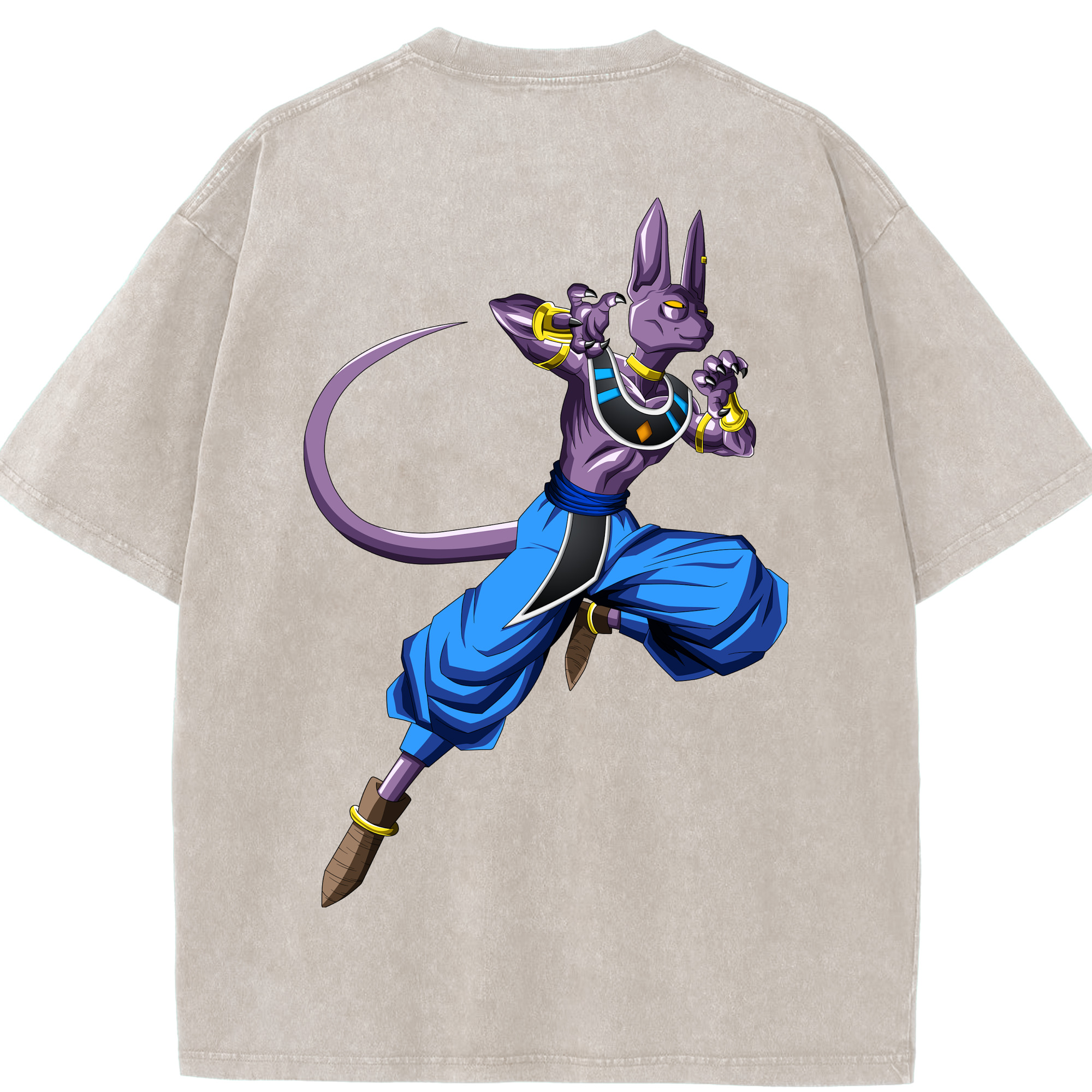 （画像用） ドラゴンボール ビルス 破壊神ビルス DRAGON BALL Beerus Birusu 綿100% ヴィンテージ風 半袖Tシャツ（背面プリント）