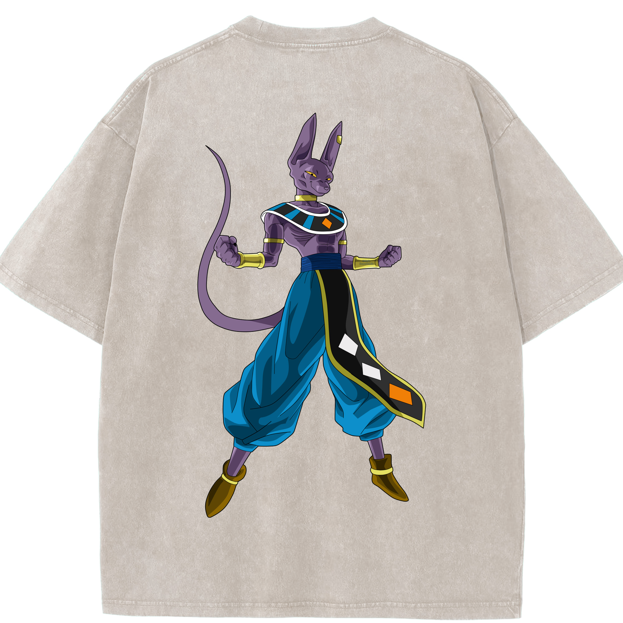 （画像用） ドラゴンボール ビルス 破壊神ビルス DRAGON BALL Beerus Birusu 綿100% ヴィンテージ風 半袖Tシャツ（背面プリント）