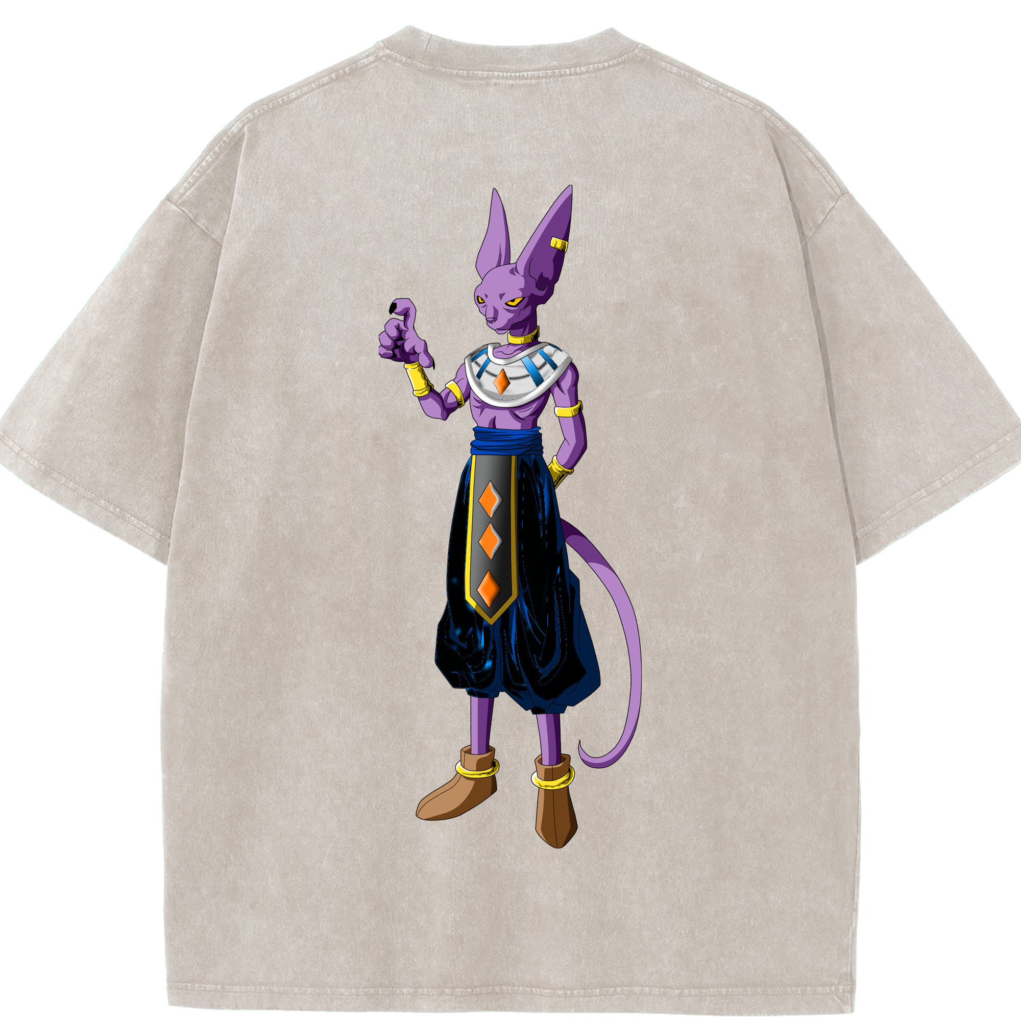 （画像用） ドラゴンボール ビルス 破壊神ビルス DRAGON BALL Beerus Birusu 綿100% ヴィンテージ風 半袖Tシャツ（背面プリント）
