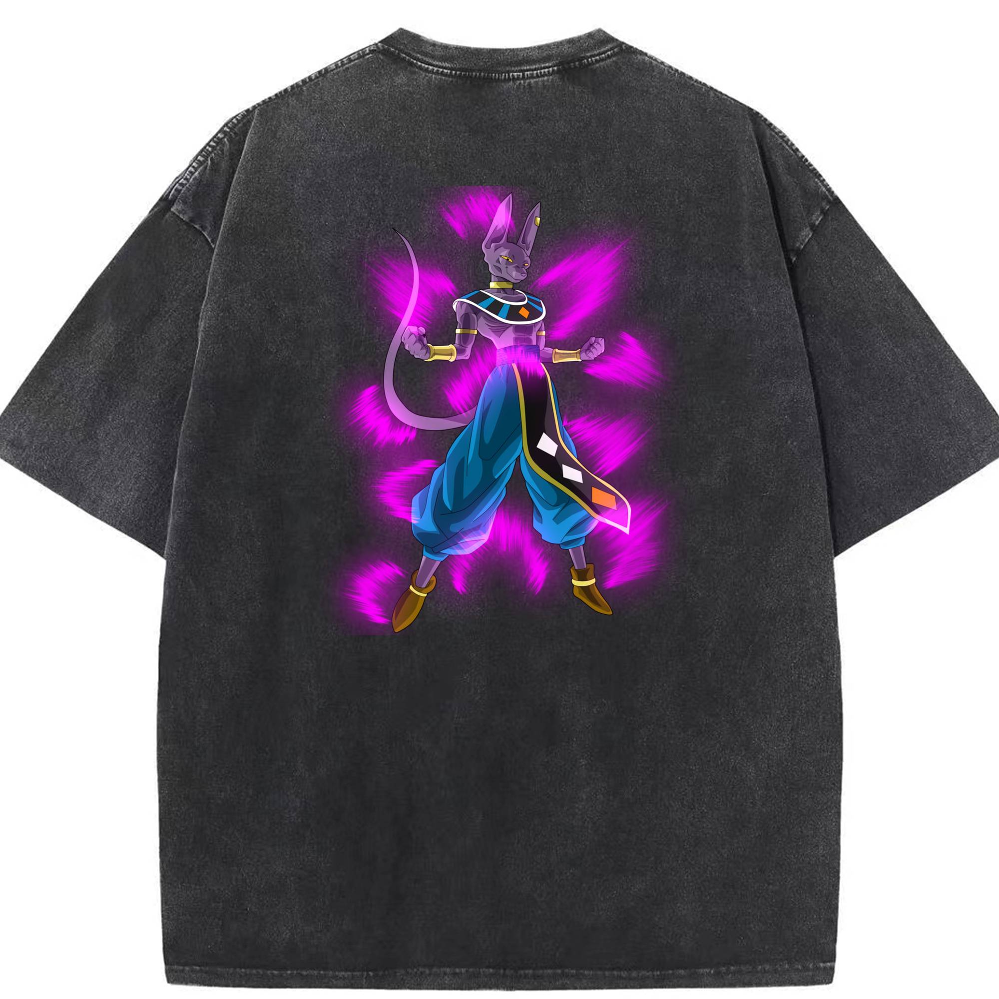 （画像用） ドラゴンボール ビルス 破壊神ビルス DRAGON BALL Beerus Birusu 綿100% ヴィンテージ風 半袖Tシャツ（背面プリント）