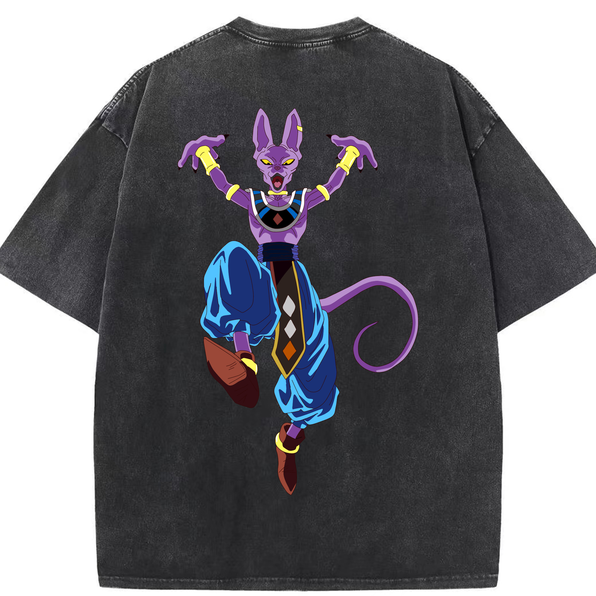 （画像用） ドラゴンボール ビルス 破壊神ビルス DRAGON BALL Beerus Birusu 綿100% ヴィンテージ風 半袖Tシャツ（背面プリント）