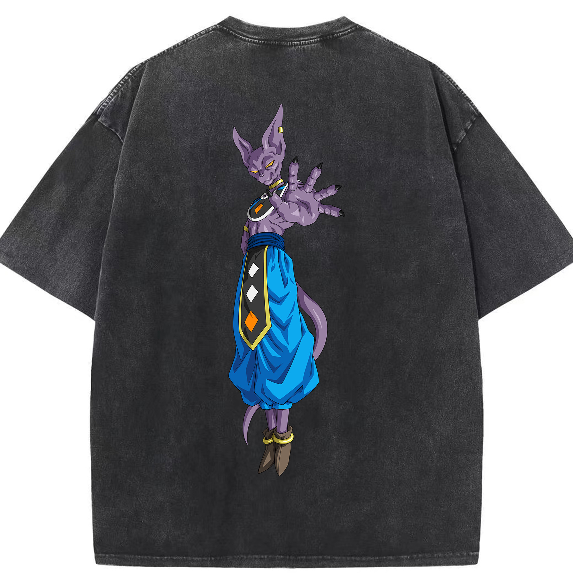 （画像用） ドラゴンボール ビルス 破壊神ビルス DRAGON BALL Beerus Birusu 綿100% ヴィンテージ風 半袖Tシャツ（背面プリント）