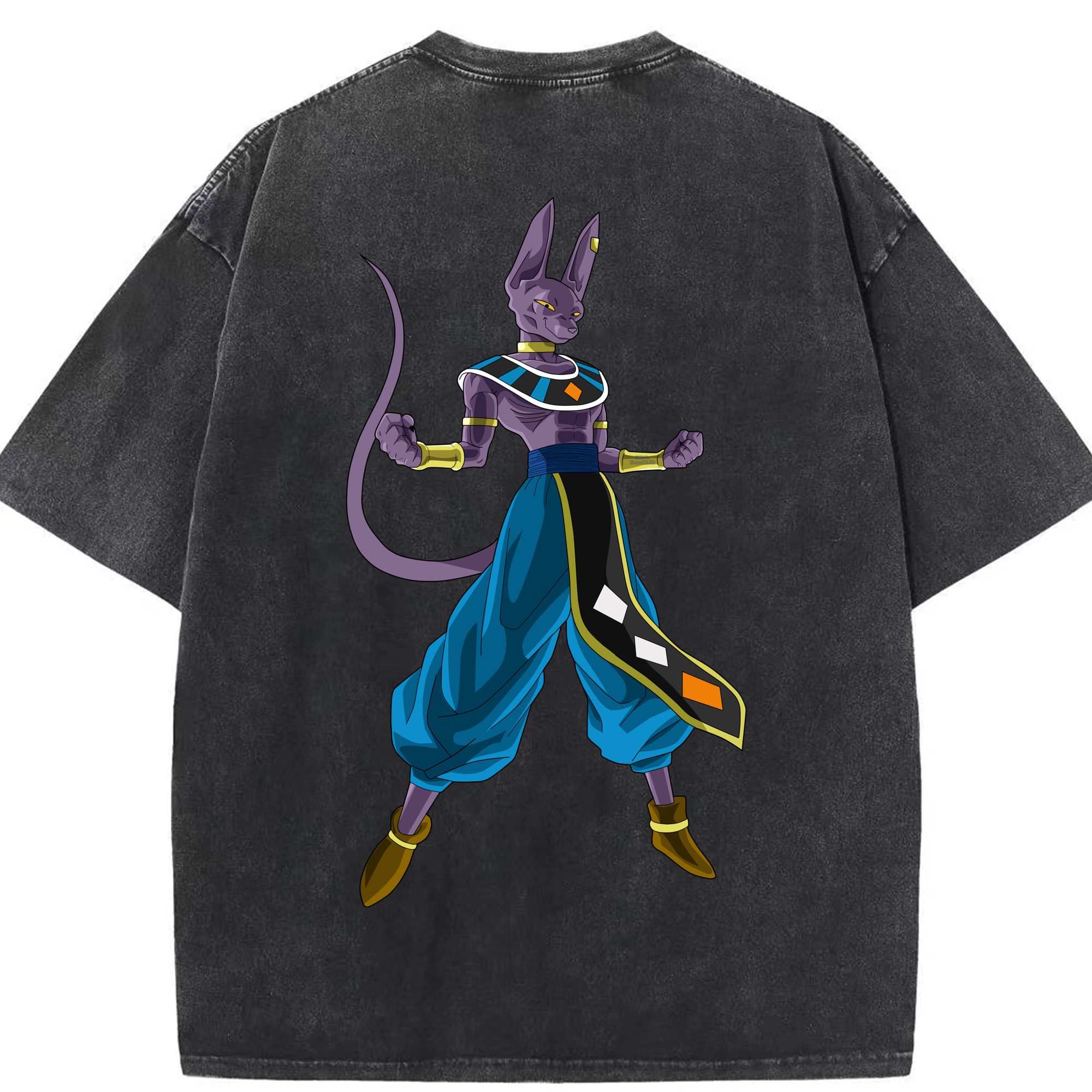 （画像用） ドラゴンボール ビルス 破壊神ビルス DRAGON BALL Beerus Birusu 綿100% ヴィンテージ風 半袖Tシャツ（背面プリント）