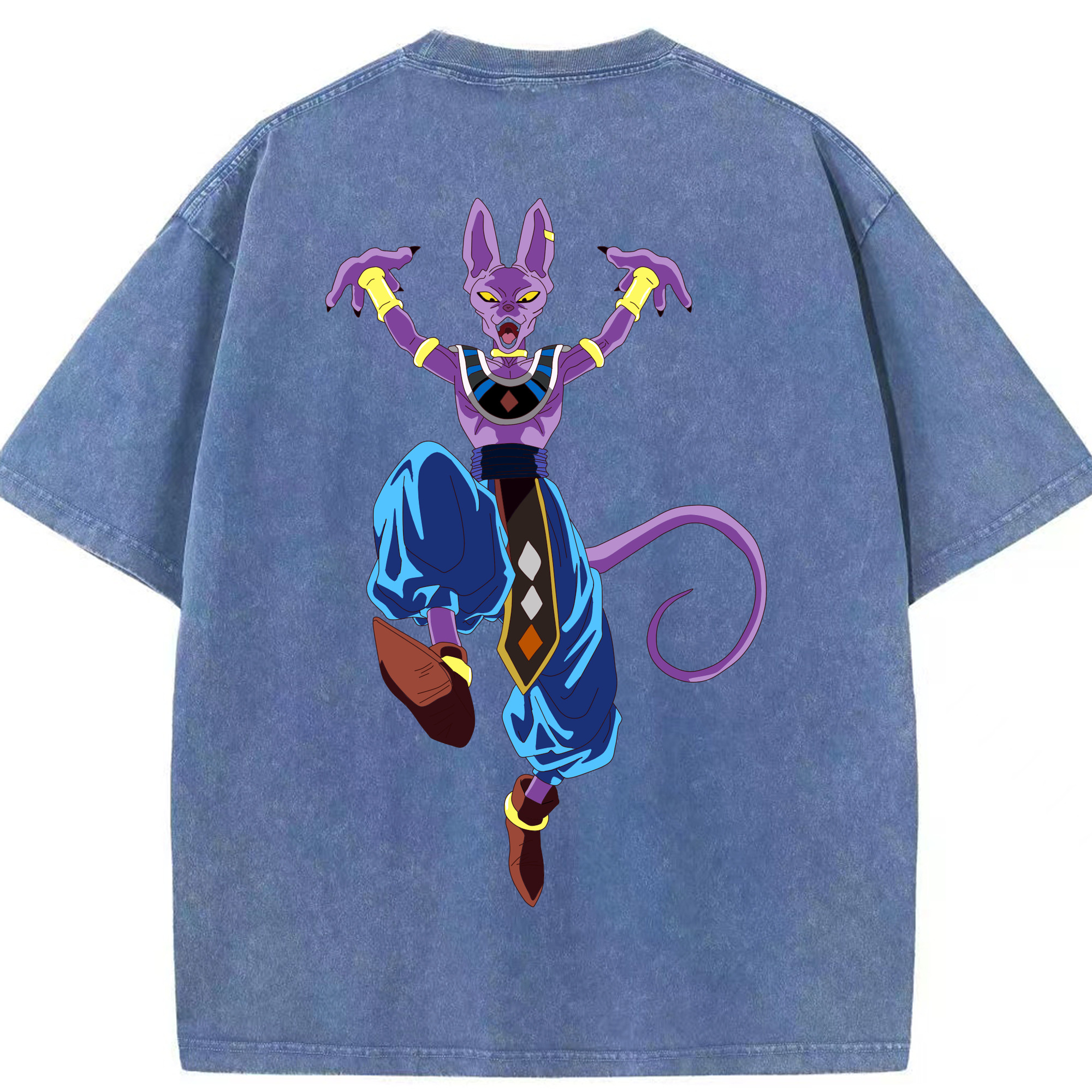 （画像用） ドラゴンボール ビルス 破壊神ビルス DRAGON BALL Beerus Birusu 綿100% ヴィンテージ風 半袖Tシャツ（背面プリント）