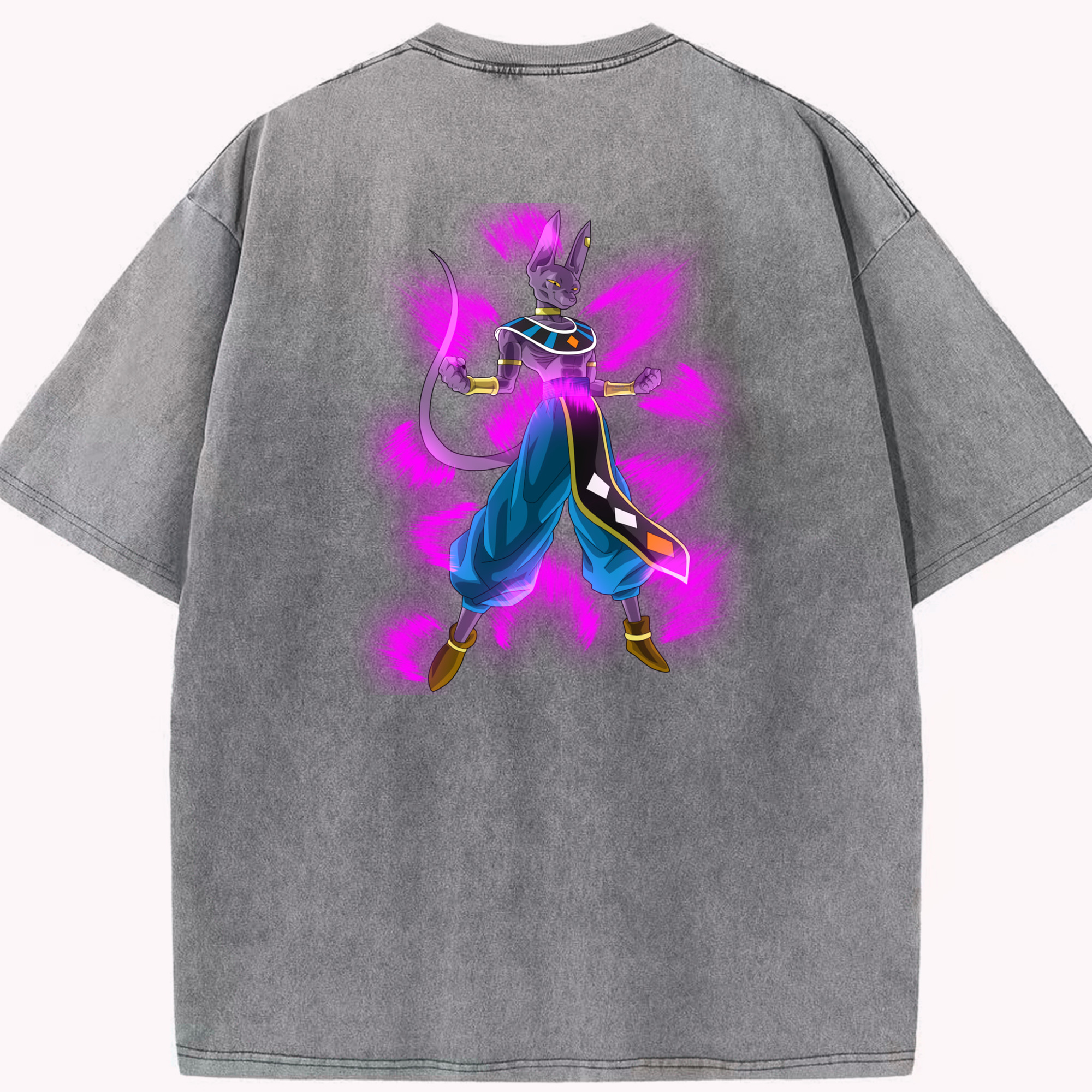 （画像用） ドラゴンボール ビルス 破壊神ビルス DRAGON BALL Beerus Birusu 綿100% ヴィンテージ風 半袖Tシャツ（背面プリント）