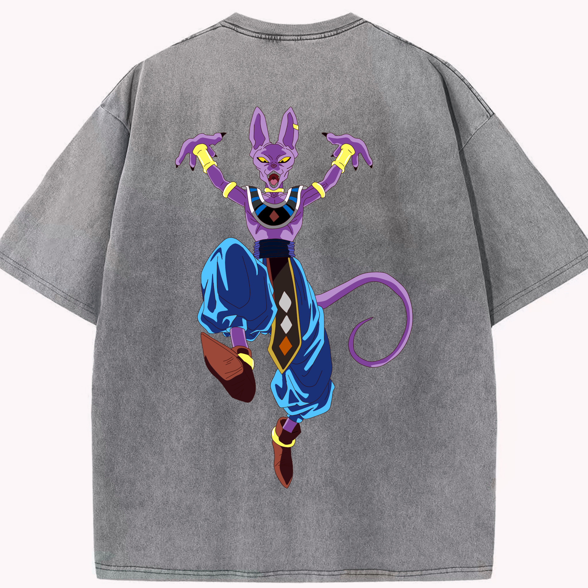 （画像用） ドラゴンボール ビルス 破壊神ビルス DRAGON BALL Beerus Birusu 綿100% ヴィンテージ風 半袖Tシャツ（背面プリント）