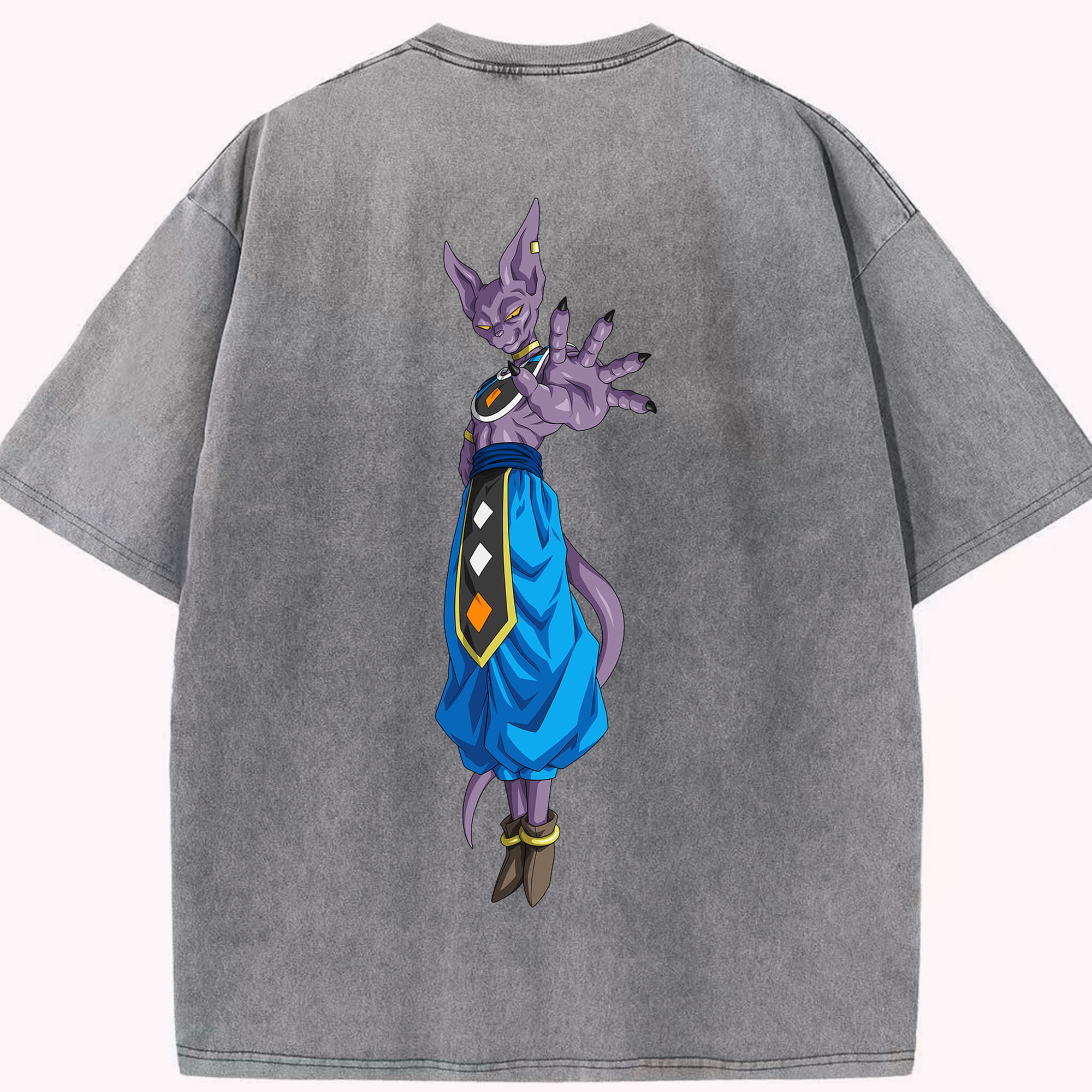 （画像用） ドラゴンボール ビルス 破壊神ビルス DRAGON BALL Beerus Birusu 綿100% ヴィンテージ風 半袖Tシャツ（背面プリント）