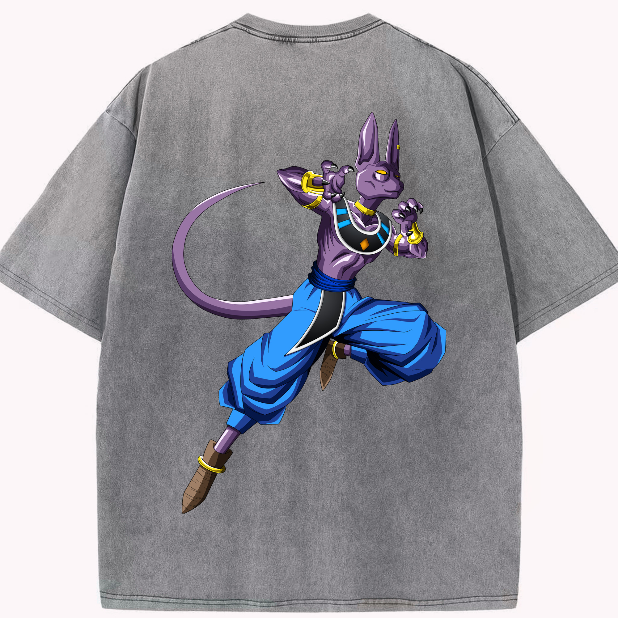（画像用） ドラゴンボール ビルス 破壊神ビルス DRAGON BALL Beerus Birusu 綿100% ヴィンテージ風 半袖Tシャツ（背面プリント）