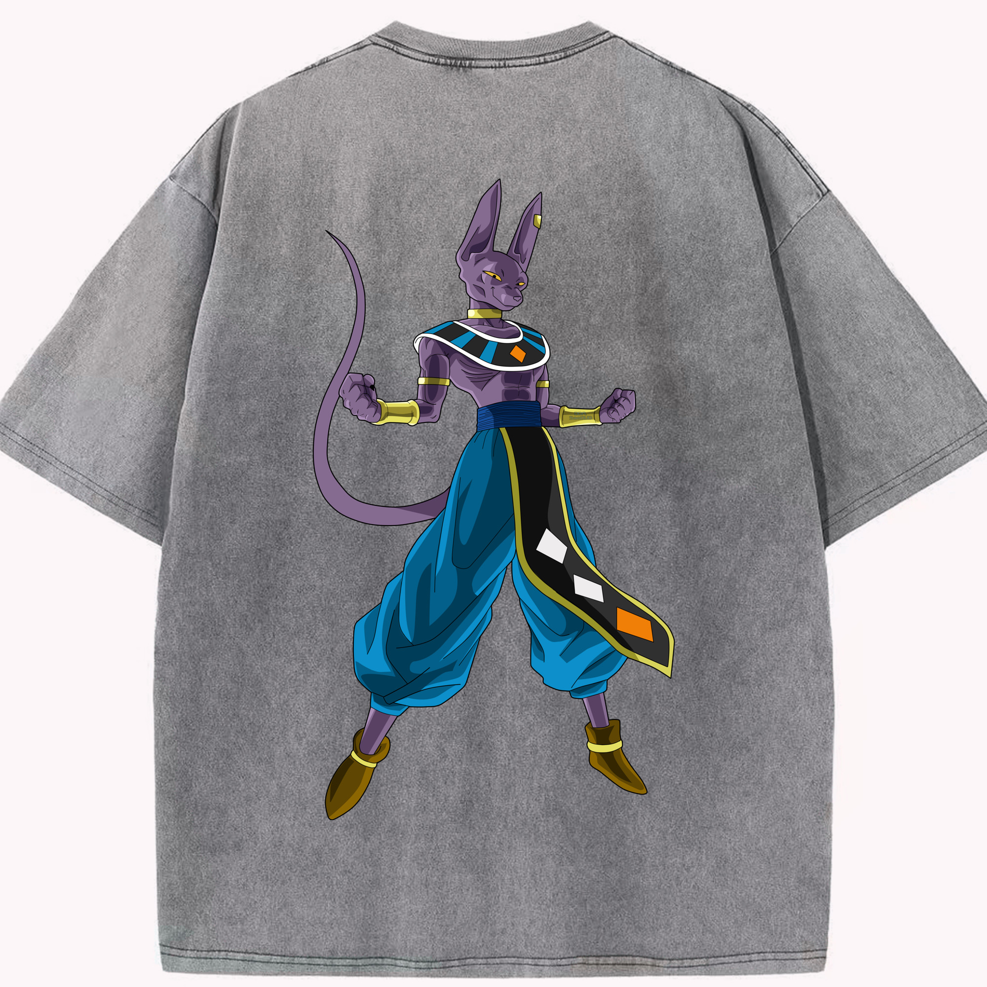 （画像用） ドラゴンボール ビルス 破壊神ビルス DRAGON BALL Beerus Birusu 綿100% ヴィンテージ風 半袖Tシャツ（背面プリント）
