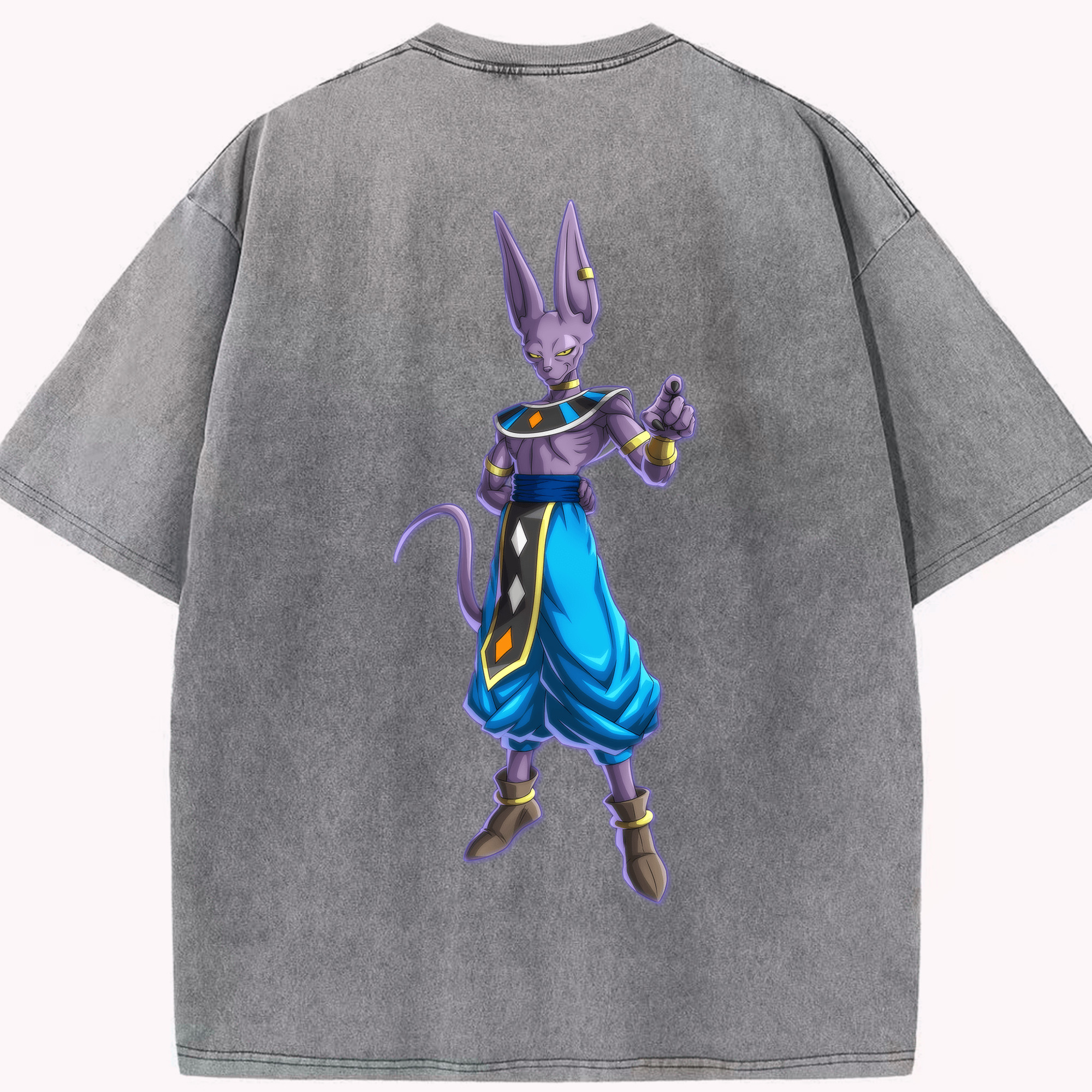 （画像用） ドラゴンボール ビルス 破壊神ビルス DRAGON BALL Beerus Birusu 綿100% ヴィンテージ風 半袖Tシャツ（背面プリント）