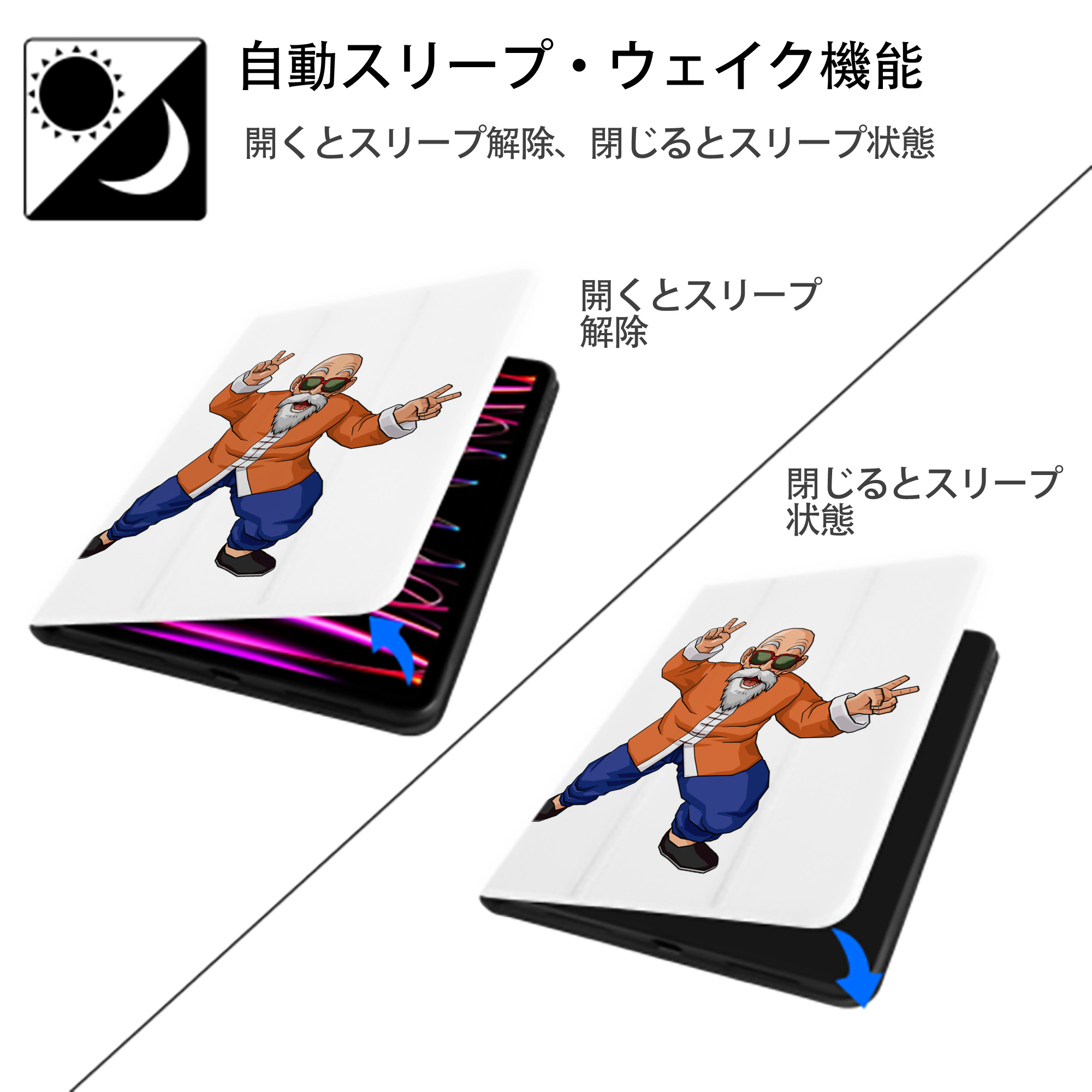 ドラゴンボール 亀仙人（かめせんにん） DRAGON BALL Master Roshi Kame Sennin IPad ケース ペン収納付き 三つ折りスタンド PUレザー×シリコン 対応機種9.5/10.5/10.9インチ