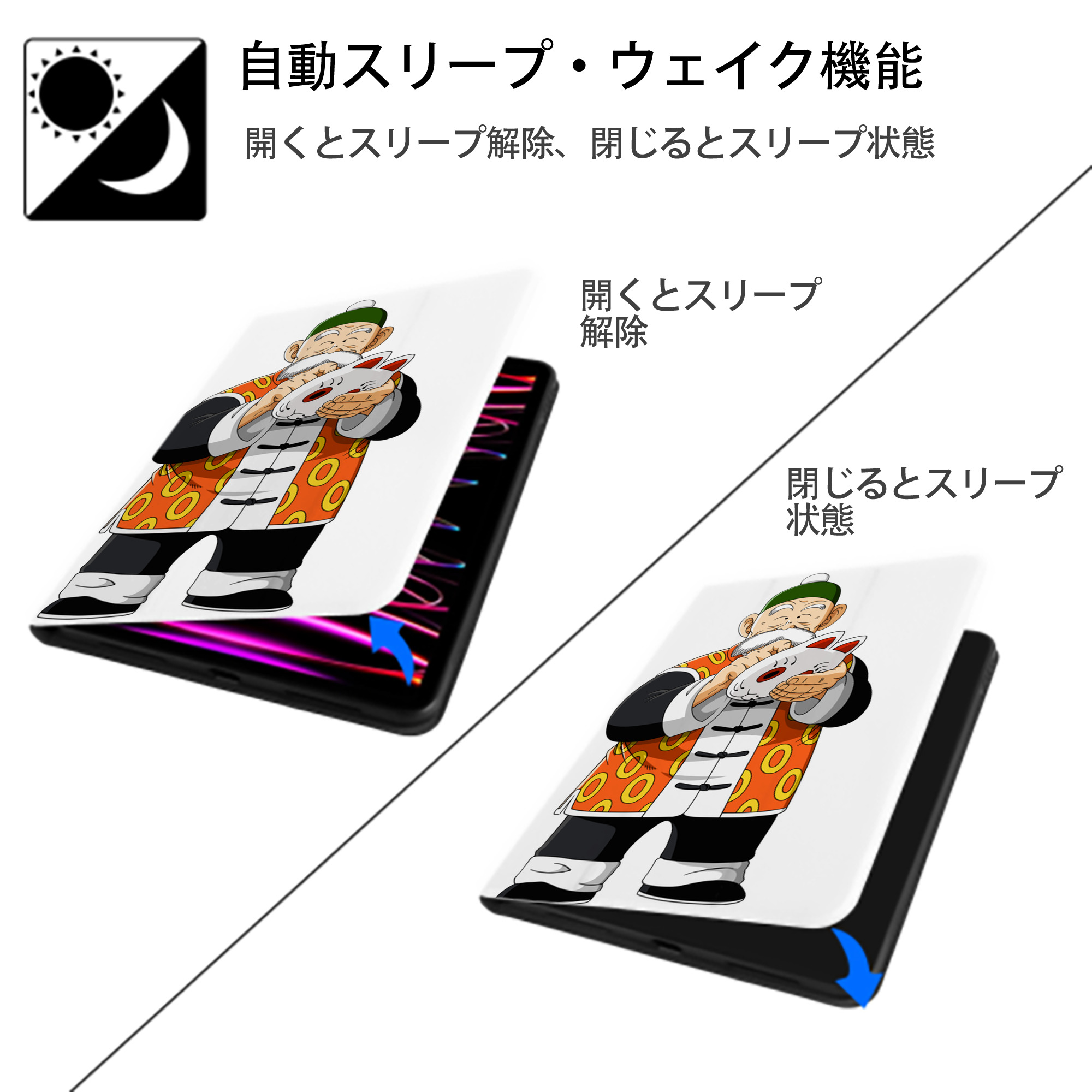 ドラゴンボール 亀仙人（かめせんにん） DRAGON BALL Master Roshi Kame Sennin IPad ケース ペン収納付き 三つ折りスタンド PUレザー×シリコン 対応機種9.5/10.5/10.9インチ