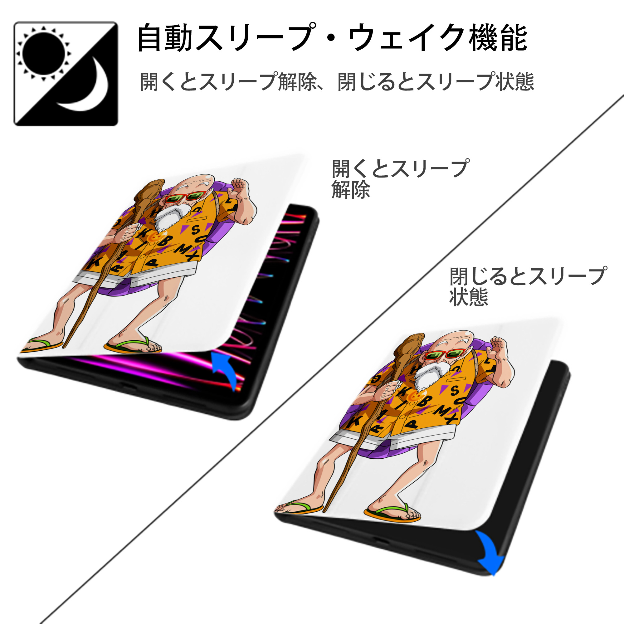 ドラゴンボール 亀仙人（かめせんにん） DRAGON BALL Master Roshi Kame Sennin IPad ケース ペン収納付き 三つ折りスタンド PUレザー×シリコン 対応機種9.5/10.5/10.9インチ