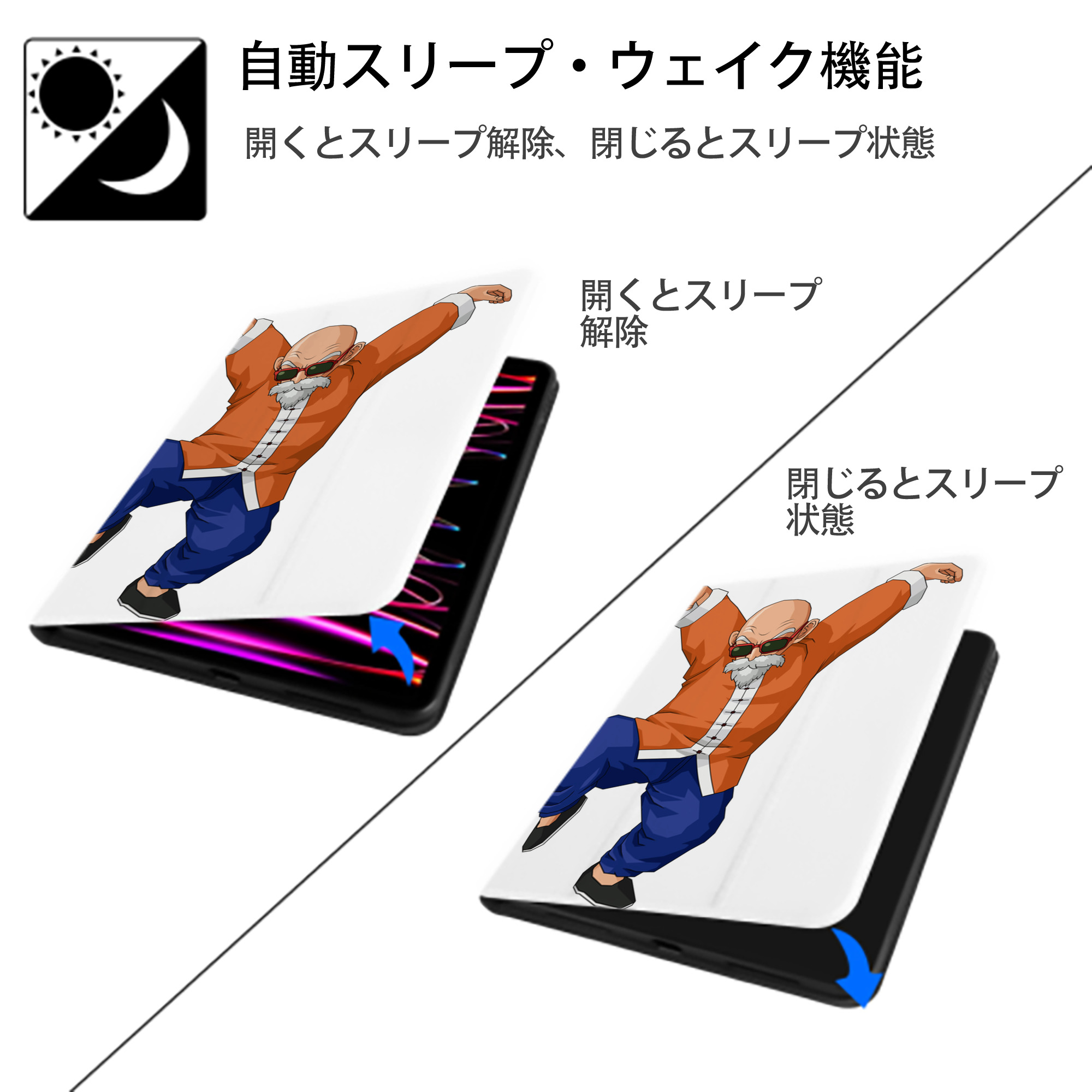 ドラゴンボール 亀仙人（かめせんにん） DRAGON BALL Master Roshi Kame Sennin IPad ケース ペン収納付き 三つ折りスタンド PUレザー×シリコン 対応機種9.5/10.5/10.9インチ