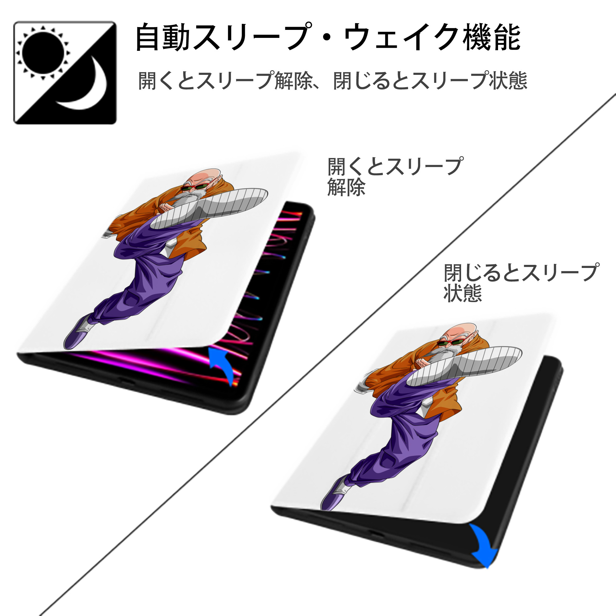 ドラゴンボール 亀仙人（かめせんにん） DRAGON BALL Master Roshi Kame Sennin IPad ケース ペン収納付き 三つ折りスタンド PUレザー×シリコン 対応機種9.5/10.5/10.9インチ
