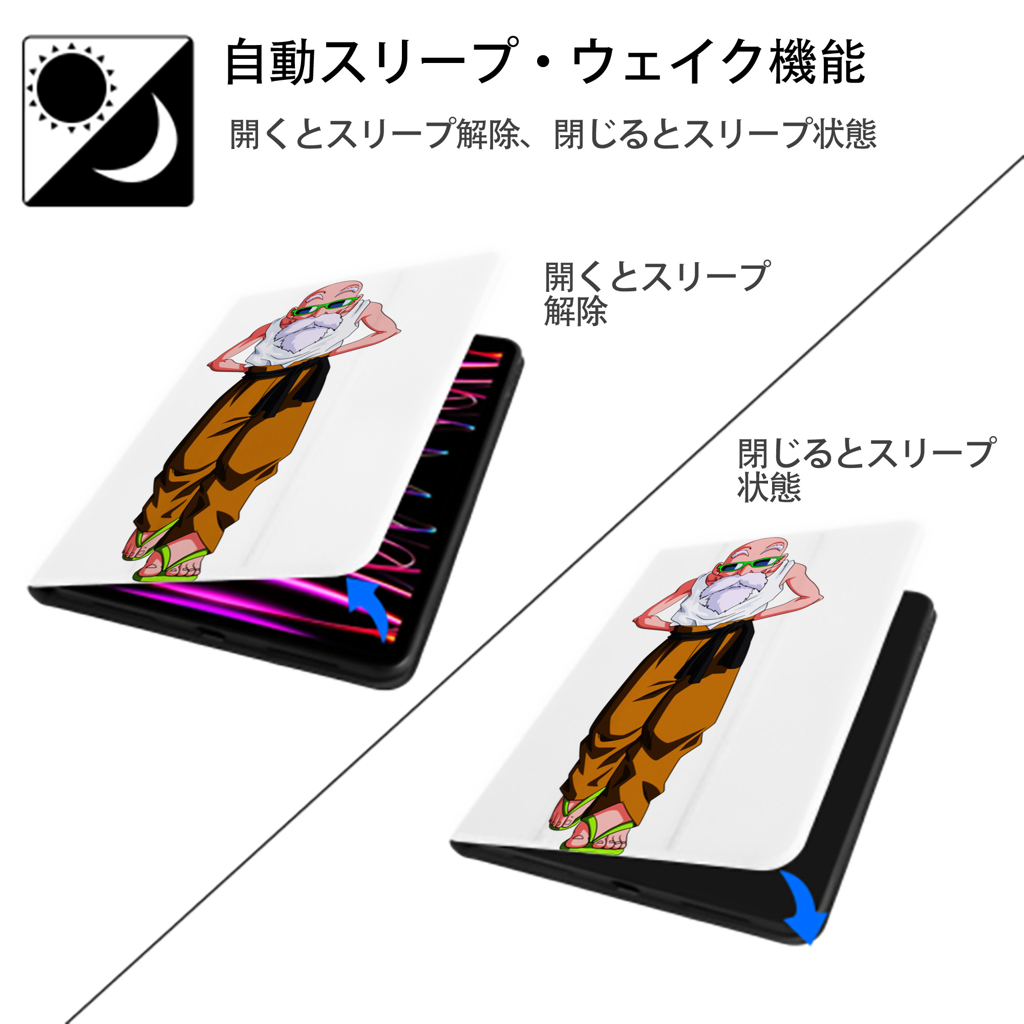ドラゴンボール 亀仙人（かめせんにん） DRAGON BALL Master Roshi Kame Sennin IPad ケース ペン収納付き 三つ折りスタンド PUレザー×シリコン 対応機種9.5/10.5/10.9インチ