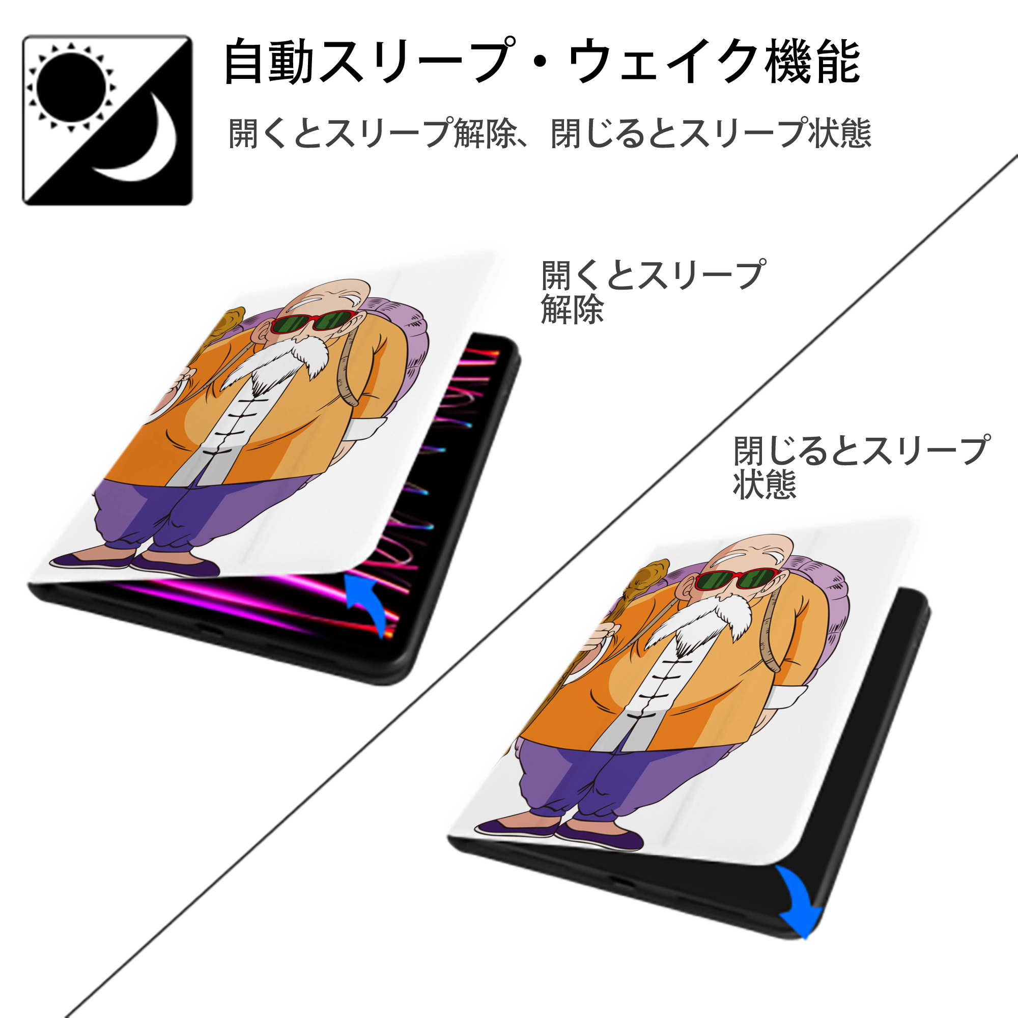 ドラゴンボール 亀仙人（かめせんにん） DRAGON BALL Master Roshi Kame Sennin IPad ケース ペン収納付き 三つ折りスタンド PUレザー×シリコン 対応機種9.5/10.5/10.9インチ