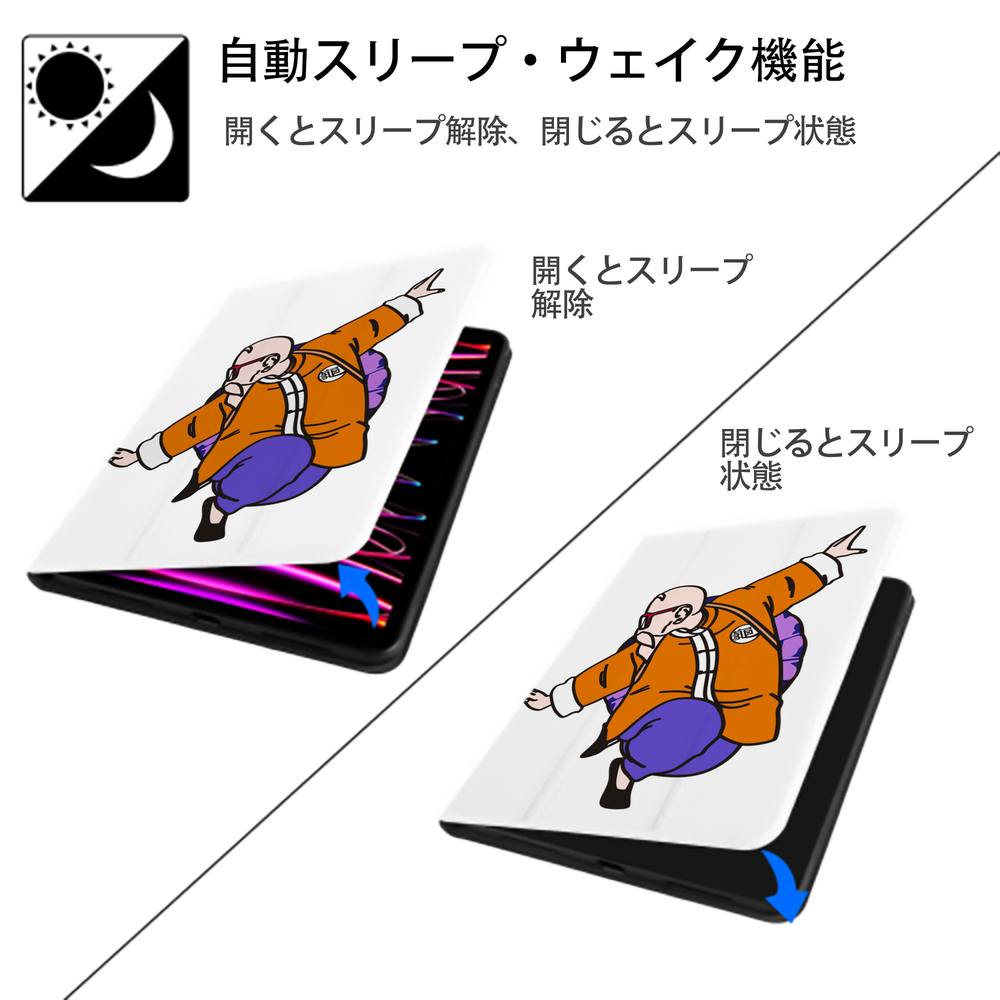 ドラゴンボール 亀仙人（かめせんにん） DRAGON BALL Master Roshi Kame Sennin IPad ケース ペン収納付き 三つ折りスタンド PUレザー×シリコン 対応機種9.5/10.5/10.9インチ